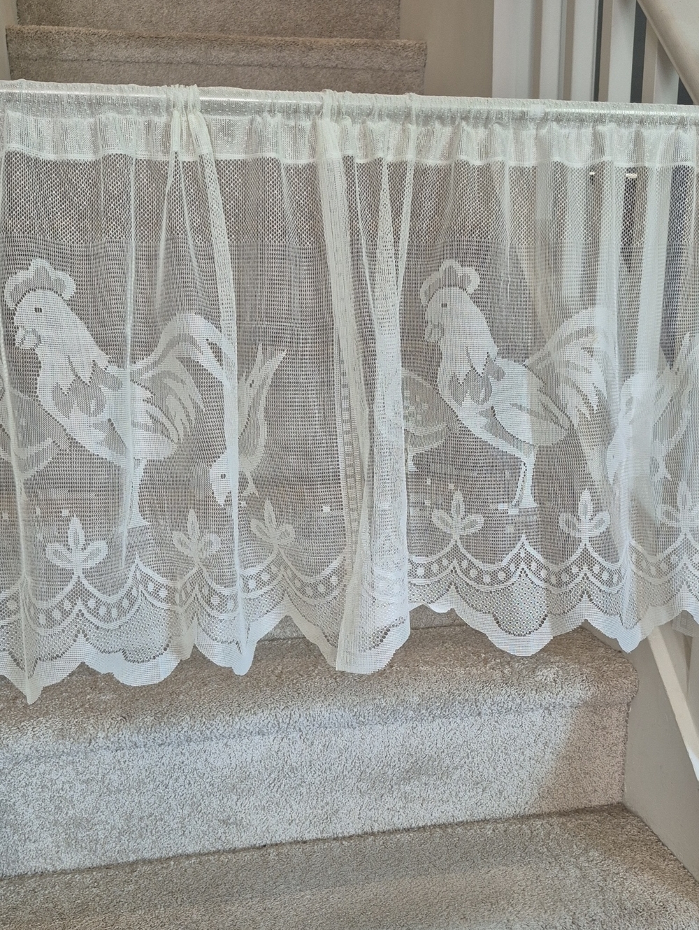 White Lace Rooster & Hen Curtain Panel Pair